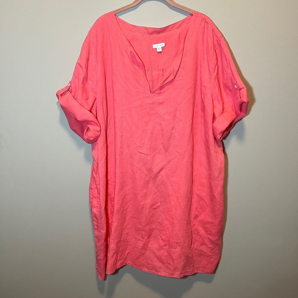 J. Jill Love Linen Coral Pink Tunic Top Short Tab Sleeve Pockets Women's 4X